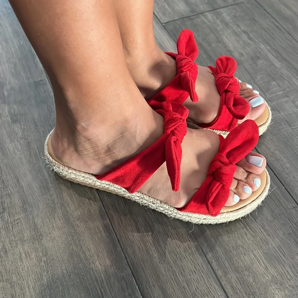Bamboo Bow Tie Espadrille Flatform Slip-On Sandals Red Womens Size 8‎